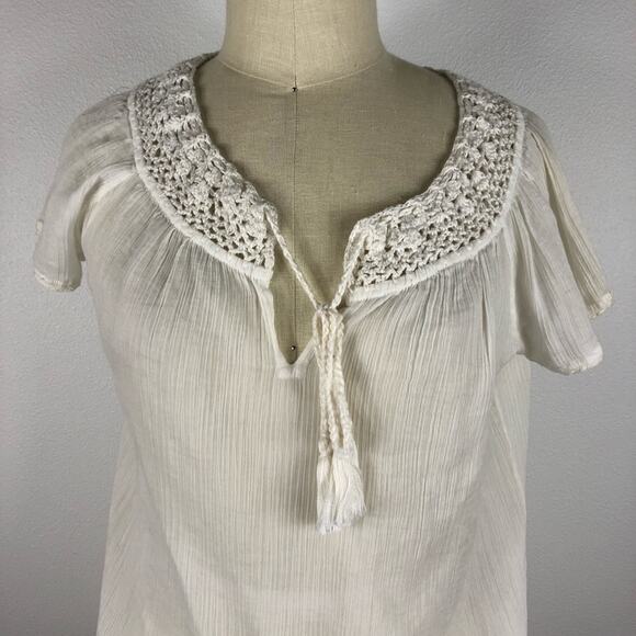 LUCKY BRAND White Popover Blouse Tassel Tie Short Sleeve Top Lightweight NWT S - Picture 4 of 7